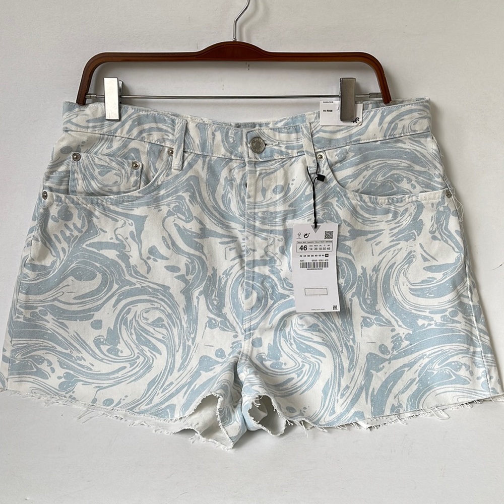 Zara Blue White Swirl High Rise Demin Shorts Womens Plus Size 14 NWT